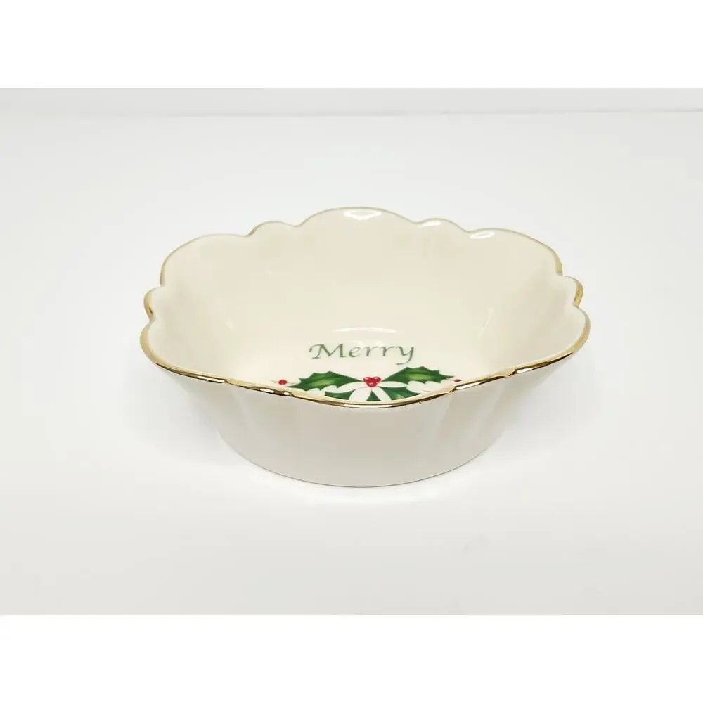 Lenox Holiday Merry Bowl Oval Fluted Dish Holly Christmas Candy Nut Dish